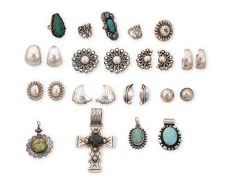 281
A group of Southwest style silver jewelry
Mid/late 20th century
Most variously marked for maker and/or for sterling; five marked for Mexico; one ring marked: NRB
Seventeen works comprising a Gary G Sanchez large sterling silver cross pendant with stamp work, as well as three further pendants with set turquoise, together with five silver rings including two with set stones including turquoise and opal, and eight pairs of silver earrings in various styles and sizes including hammered silver hoops, Mexican silver overlay floral clips, and incised silver swirls
25 pieces
Pendants: 3.5" H to 1.75" H; Ring sizes: 8 to 7.5; Earrings: 1.5" Dia. to 0.75" Dia.
224.7 grams gross
Estimate: $200 - $400