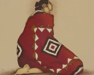 64
R.C. Gorman
(1932-2005, Navajo/Diné)
"Rio Grande," 1982
Lithograph in colors on paper
Edition: 110/200 (there were also 30 artist's proofs)
Signed, dated, and numbered in pencil along the lower edge: R.C. Gorman; Western Graphics Workshop, prntr. and pub., with their blindstamp, as well as the artist's blindstamp in the lower edge, left of center
Sight: 28" H x 32.5" W
Estimate: $200 - $400