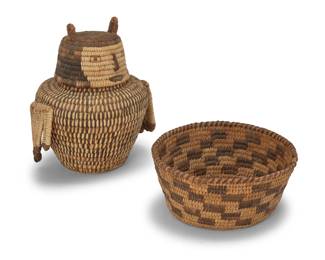 231
Two Papago baskets
Mid-20th century, Tohono O'odham; Southwest United States
Comprising a coiled tall owl-form lidded basketry jar with ticked body, dimensional wings to each side, and a basket-form head lid with owl ears and facial features (8.75" H x 6.5" Dia.; 7.5" W with wings) as well as a small coiled bowl with diagonal checkered stepped motifs (3.5" H x 7.75" Dia.)
2 pieces
Estimate: $100 - $200