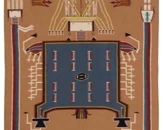 62
A framed Navajo pictorial Yei textile
Late 20th century, Diné
Woven in blue, white, red, yellow, and brown wool on a tan field, with a large Yei figure with an ornate headdress and arrows, and with flying squirrel figures and a Rainbow Guardian
Sight: 38" H x 36.5" W
Estimate: $400 - $600