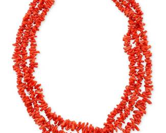 123
A Southwest Pueblo style multistrand coral necklace
Mid/late 20th century
Unmarked
A three-strand necklace of graduated branch coral beads, with silver cone terminals and clasp
25" L
121.1 grams gross
Estimate: $200 - $300