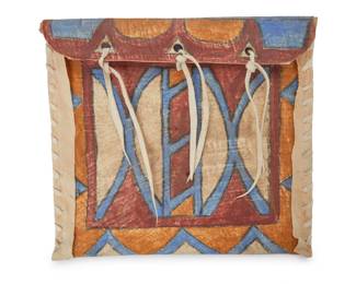 175
A Plains polychrome hide parfleche
Mid-20th century
A stiff rawhide container pouch with painted geometric designs and flap with rawhide laces
12" H x 13.5" W x 1.5" D
Estimate: $200 - $400