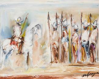 74
Ted DeGrazia
(1909-1982)
"Roster San Antonio Began 1722 (Chapter 1, Page 1)," 1961
Oil on canvas
Signed lower right: DeGrazia; signed again and inscribed "Tucson Arizona / USA / Juan Galván," and with the artist's copyright statement, all verso; titled in pencil on the stretcher; dated by repute
12" H x 18" W
Estimate: $1,000 - $1,500