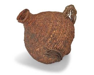 149
A Paiute basketry jar
Early/mid-20th century; Great Basin
A twined conical bottle neck vessel sealed with pine resin pitch, with braided horsehair handles
11.25" H x 8.5" Dia. approximately
Estimate: $400 - $600