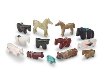 226
A group of Southwest Pueblo carved stone horse fetish figures
Mid/late 20th century, mostly Zuni Pueblo
Four labeled for artist; one labeled: Seciwa
Comprising thirteen horse figures, in various sizes and stones including pipestone, turquoise, jet, quartz, and other hardstones including four figures by Zuni artists including Emery Boone and Rodney Laiwakite, as well as ten further horse figures, seven with mounted offerings
13 pieces
Largest: 3.125" H x 0.5" W x 3.375" D; Smallest: 1.125" H x 0.375" W x 1.5" D
Estimate: $200 - $400