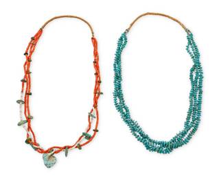 197
Two Southwest Pueblo stone necklaces
Mid-20th century
Comprising a triple strand graduated small tab turquoise necklace (26" L), together with a triple strand necklace of intertwined coral and heishi with turquoise tabs (27" L), each with a traditional wrapped neck cord
2 pieces
133.6 grams gross
Estimate: $500 - $700
