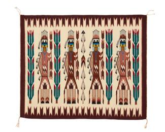 30
A Navajo Humpbacked Yei pictorial textile
Late 20th century, Diné, Ruby White
Woven in multicolor wool, depicting four seed-carrier Yei figures and four corn stalks
31.5" H x 25.5" W
Estimate: $400 - $600