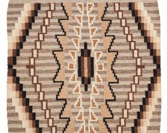41
A Navajo regional textile
Late 20th century, Diné
Woven in brown, cream, black, gray, and tan wool with radiating stepped diamond motifs on a striped field
27.5" H x 29" W
Estimate: $200 - $400