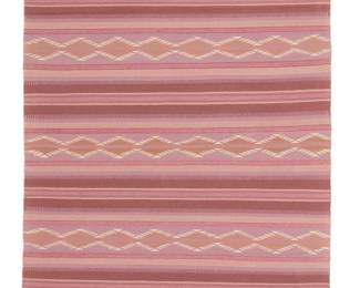 57
A Navajo Wide Ruins textile
Late 20th century, Diné, Irma Frances
Woven in pale multicolor lavender toned wool, with alternating bands of serrated stacked diamonds
44" H x 29" W
Estimate: $300 - $500