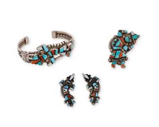 269
A group of Zuni Pueblo style stone inlay Rainbow Dancer jewelry
Mid/late 20th century
Two with various indistinct finely etched marks: HZ / HIZ
Three works each featuring a Rainbow Dancer motif in turquoise, coral, spiny oyster, and shell mosaic inlay comprising a sterling silver three wire cuff bracelet, a sterling silver ring, and a pair of sterling silver earrings
4 pieces
Cuff: 6.25" total inner C x 1" H, with a 1.125: gap; Ring: size: 6; Earrings: 1.25" H
59.1 grams gross
Estimate: $400 - $600