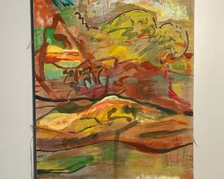 Vintage Abstract Oil On Linen By Unknown Artist Circa 1970s Or 1980s. It measures 50” by 15”. There are fourteen of them in total.