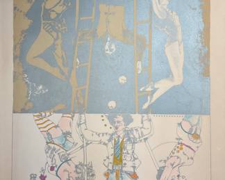 Vintage 1975 Mixed Media Lithograph Titled The Strongman By Susan Hudson Circus Scene 