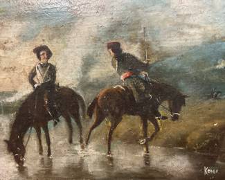 Antique European Oil On Board Of Soldiers On Horseback Military Scene Signed Kenna