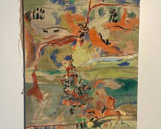 Vintage Abstract Oil On Linen By Unknown Artist Circa 1970s Or 1980s. It measures 50” by 15”. There are fourteen of them in total.