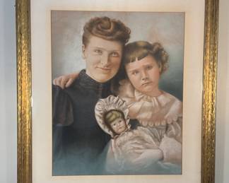 Large Charming Victorian Pastel Portrait Of Mother Daughter And Doll Signed Bickford