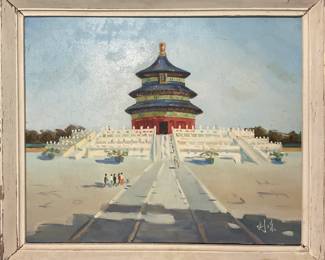 Vintage Chinese Signed Oil Painting Of Temple Of Heaven Beijing China