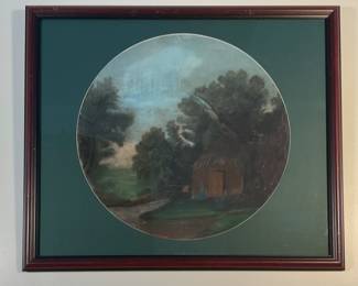 Antique Folk  Art Americana Pastel Scene