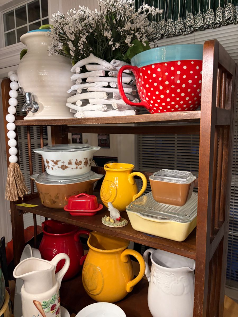 Vintage Pyrex, Pioneer woman and colorful decretive pitchers 