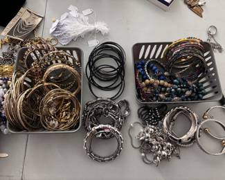 Ladies costume, jewelry, bangle, bracelets, earrings, and necklaces