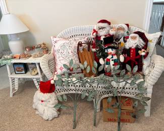 Vintage white, wicker, loveseat, and side table