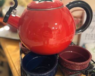 Vintage enamel, tomato themed teapot