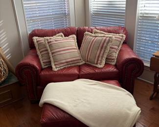 Red Leather Love seat and ottoman