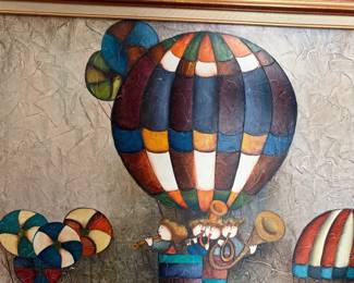 Large Framed Whimsical Musicians in Hot air balloon by  Joyce ROYBAL- Acid. Sem Moldura
