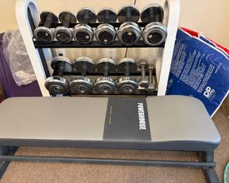 Free Weights with stand and power bench