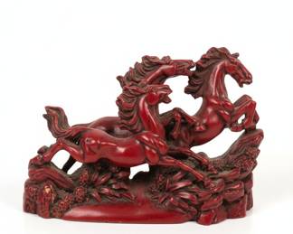 Red Lacquered Horse Figurine - Group of 3