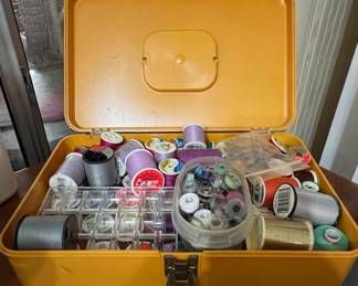 Vintage WilHold Yellow Plastic Sewing Box with Assorted Threads and Bobbins