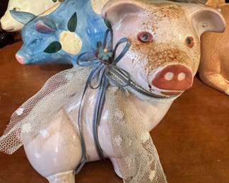 Vintage Ceramic Pig Figurine with Hat and Lace