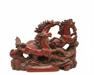 Chinese Red Resin Three Galloping Horses Sculpture