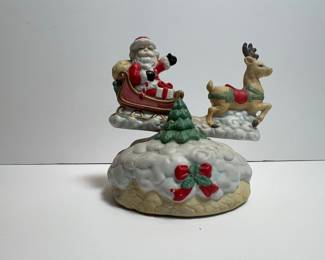 Vintage Ceramic Musical Santa Claus Sleigh with Reindeer Figurine