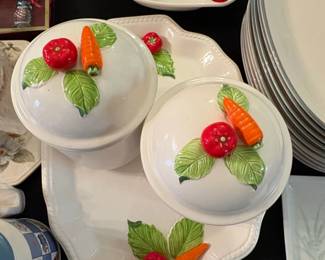 Vintage Ceramic Vegetable Decorated Serving Dish Set  Tomato and Carrot Motif
