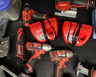 Milwaukee M and M Cordless Power Tool Lot  Drill, Impact Driver, Jigsaw, Reciprocating Saw, and Chargers