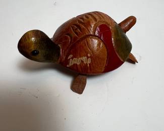 Hand Carved Wooden Turtle Figurine with Painted Accents