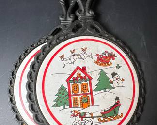 Vintage Cast Iron Trivet with ORIENT Marked Ceramic Insert  Christmas Scene