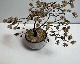 Vintage Chinese Jade and Seed Pearl Cherry Blossom Bonsai Tree in Cloisonne Pot