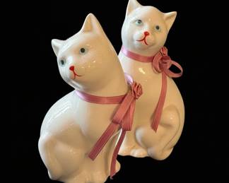 Pair of Vintage Andrea by Sadek Ceramic Cats with Pink Bows