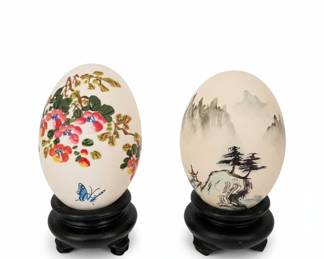 Pair of Hand-Painted Chinese Porcelain Eggs with Stands