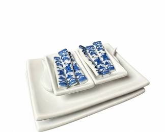 Blue and White Porcelain Chopstick Rests and Tray Set with Chinoiserie Figures