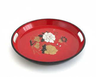 Vintage Japanese Red Lacquer Serving Tray with Peony and Bird Motif