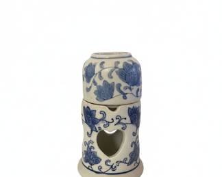 Blue and White Floral Ceramic Oil Burner with Heart Cutout