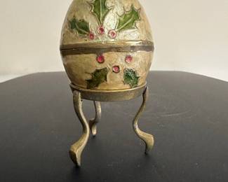 Vintage Holly and Berry Cloisonné Enameled Egg Trinket Box with Stand
