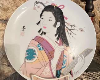 Vintage Geisha Porcelain Plate with Cherry Blossoms
