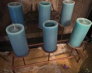 Set of Blue Pillar Candles on Copper Candelabra