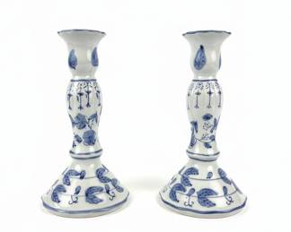 Pair of Blue Danube "Blue Onion" Pattern Candlesticks