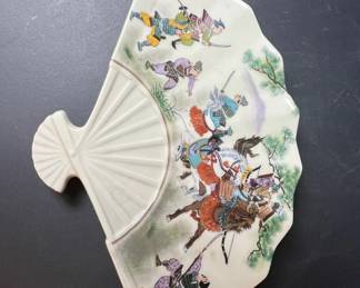 Shogun Japan FanShaped Ceramic Dish with Samurai Depiction