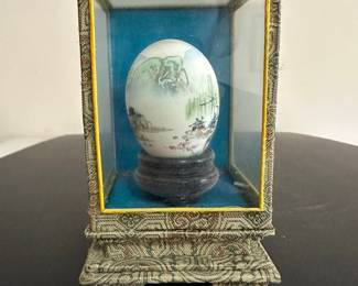 Vintage Chinese Hand-Painted Porcelain Egg in Brocade Display Case