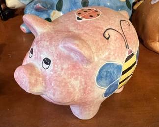 HandPainted Pink Ceramic Piggy Bank with Ladybug and Bee Decals